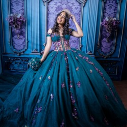 Teal Color Ball Gowns Quinceanera Dresses for Girls Off Shoulder Appliques Vestidos De 15 Anos